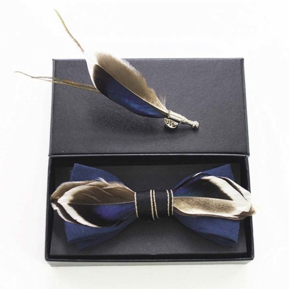 Handmade Feather Bow Tie Brooch Set